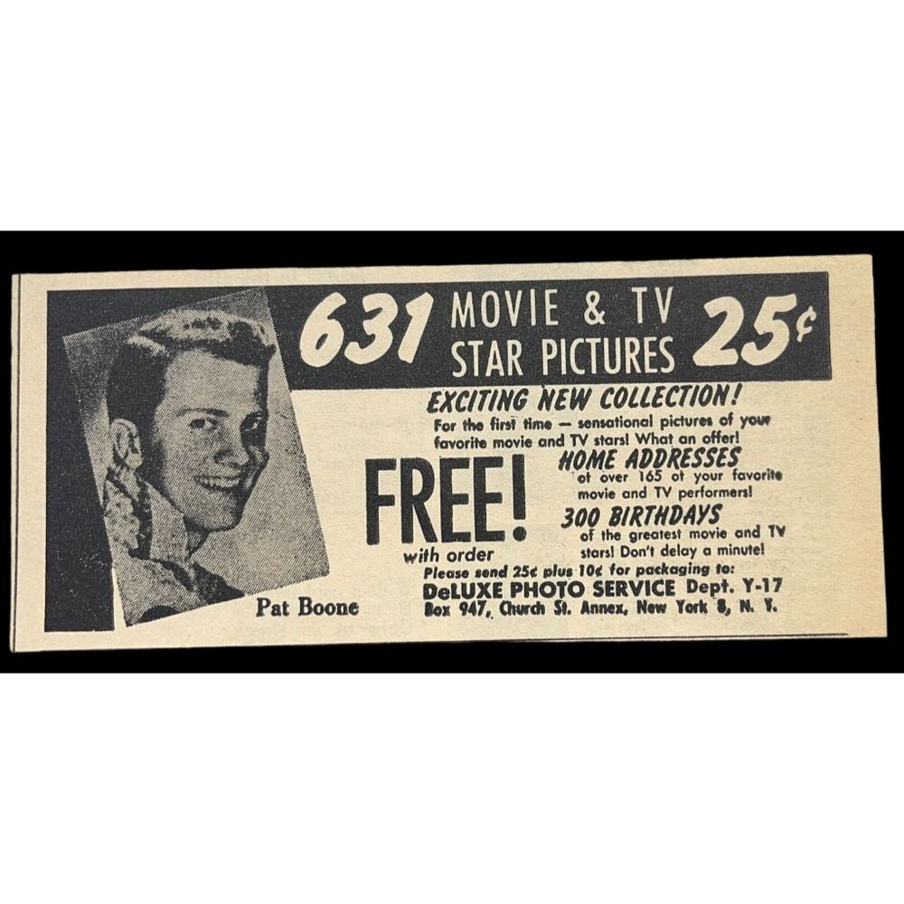 Deluxe Photo Service Mini Print Ad Vintage 1950s Movie Star Pictures Pat Boone
